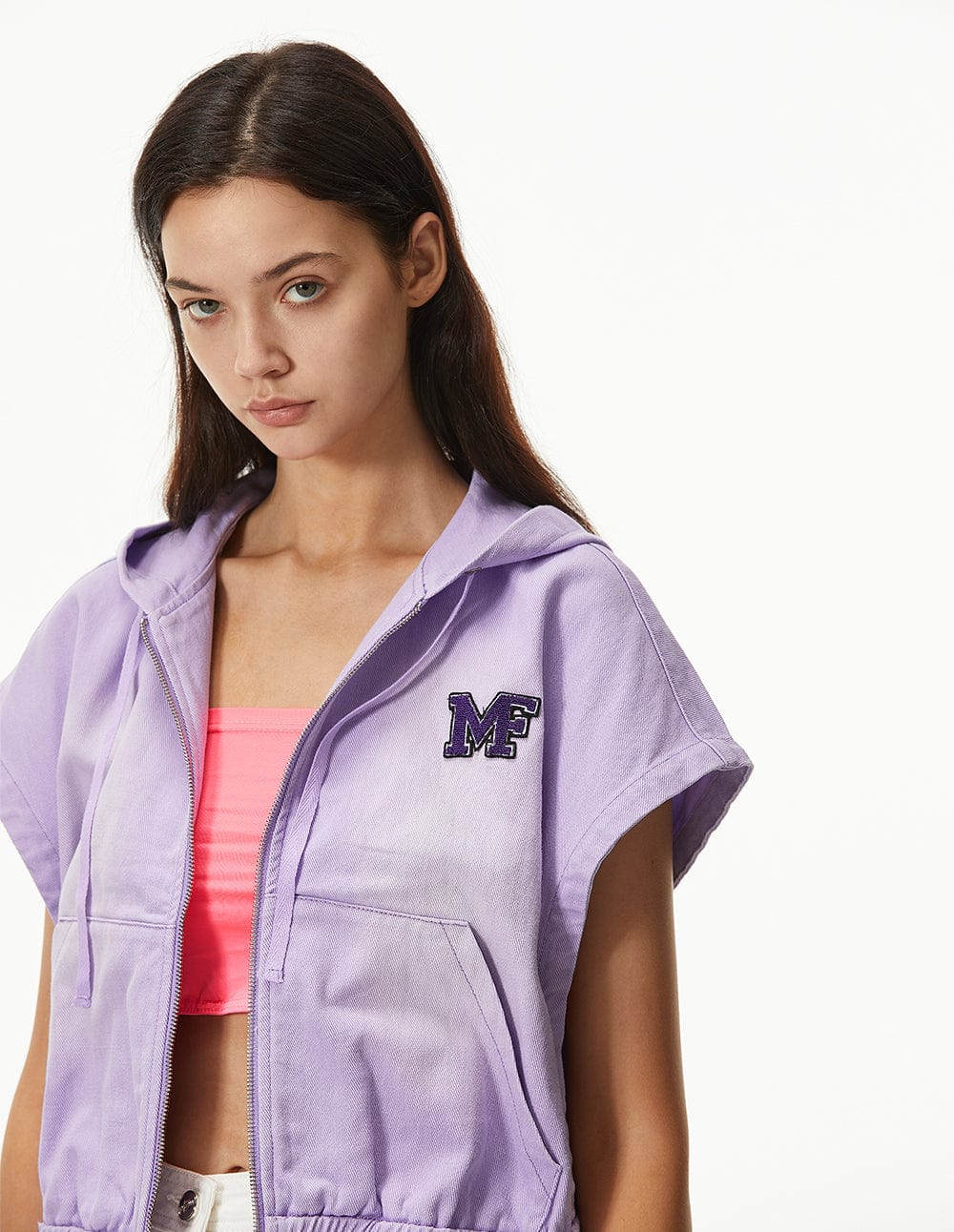 Women Embroidered Sleeveless Zip-Up Hooded Denim Jacket