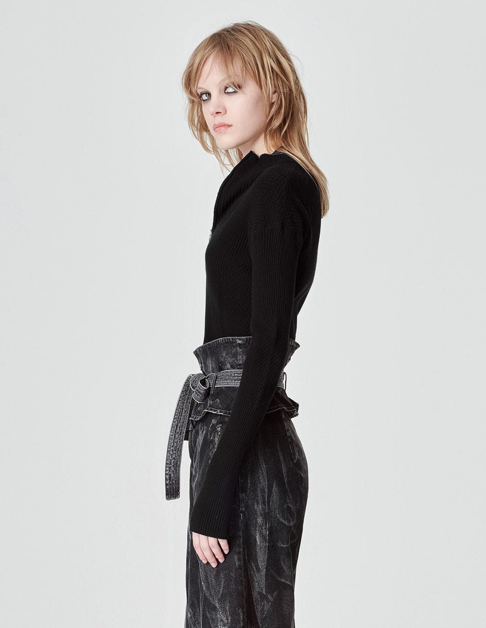 Women's Black Small Stand Zip Collar Knit Sweater