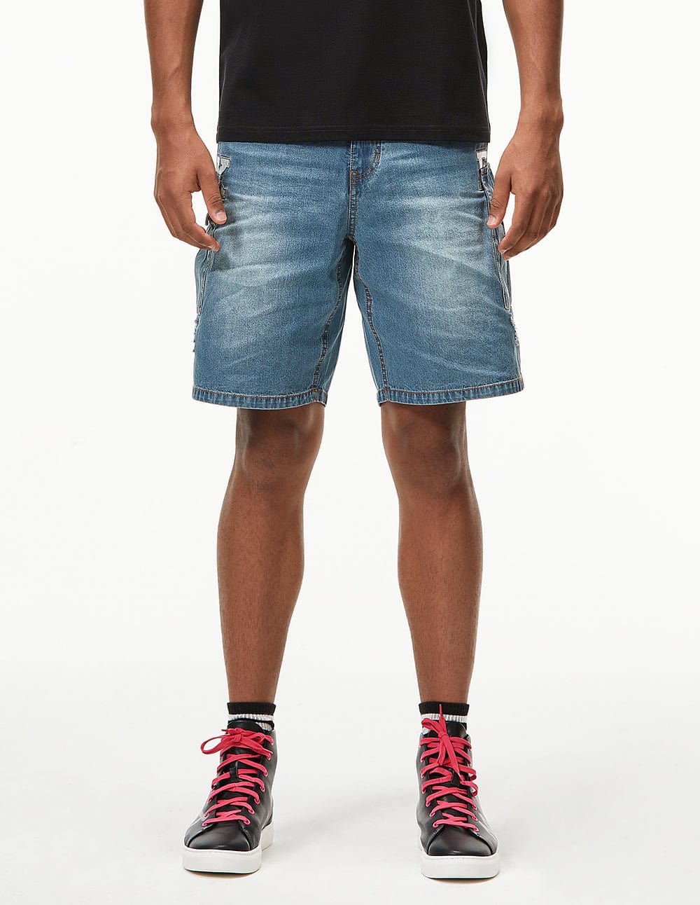 Men Basic Fit Flap Pockets Denim Short With Mf Logo Embroidery