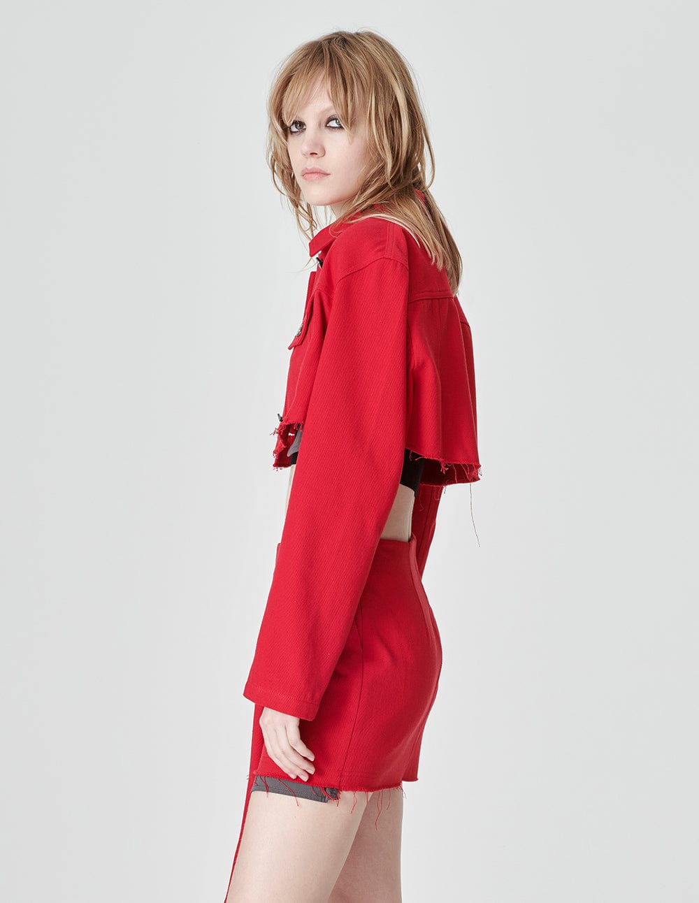 Women's Red Twill Short Denim Jacket