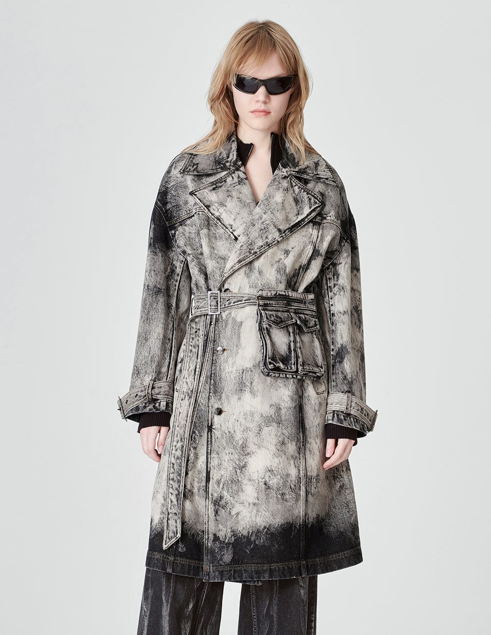 Unisex Lace-Up Belted Bleached Washed Denim Coat