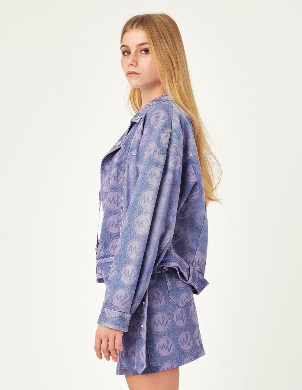 Amethyst-Print Frayed Denim Skirt