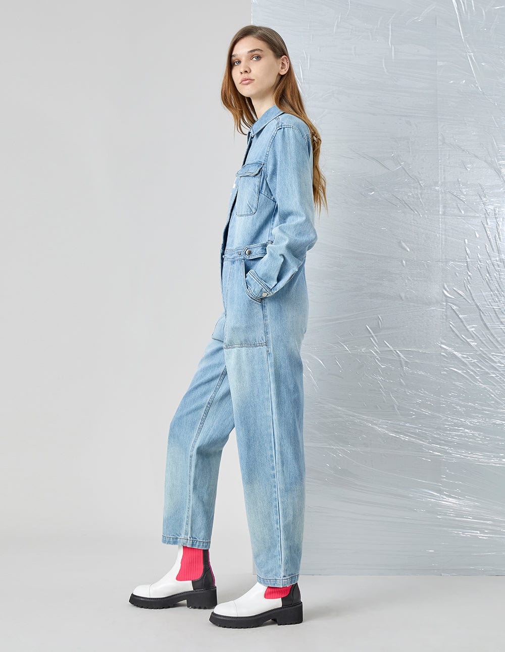 Women Washed Zipper Denim Jumpsuit