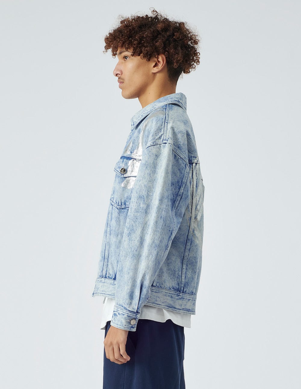 Unisex blue printed washed denim jacket