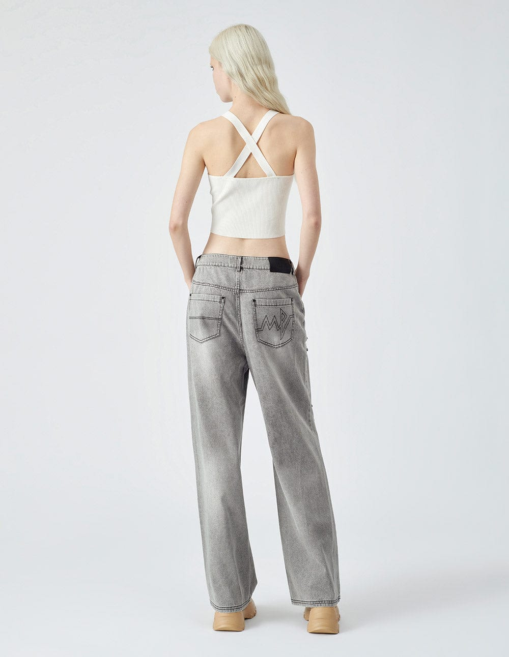 Women's Ripped Light Grey Straight Leg Jeans