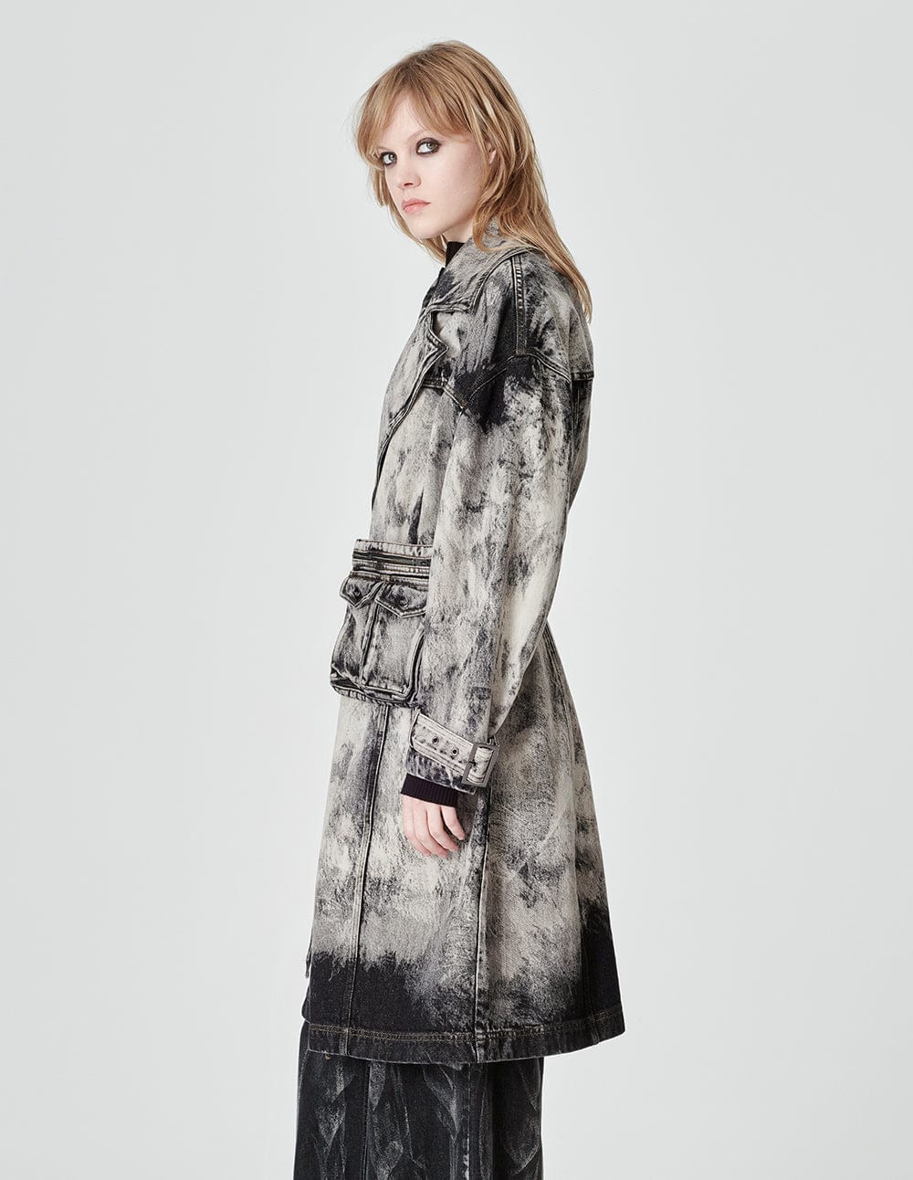 Unisex Lace-Up Belted Bleached Washed Denim Coat