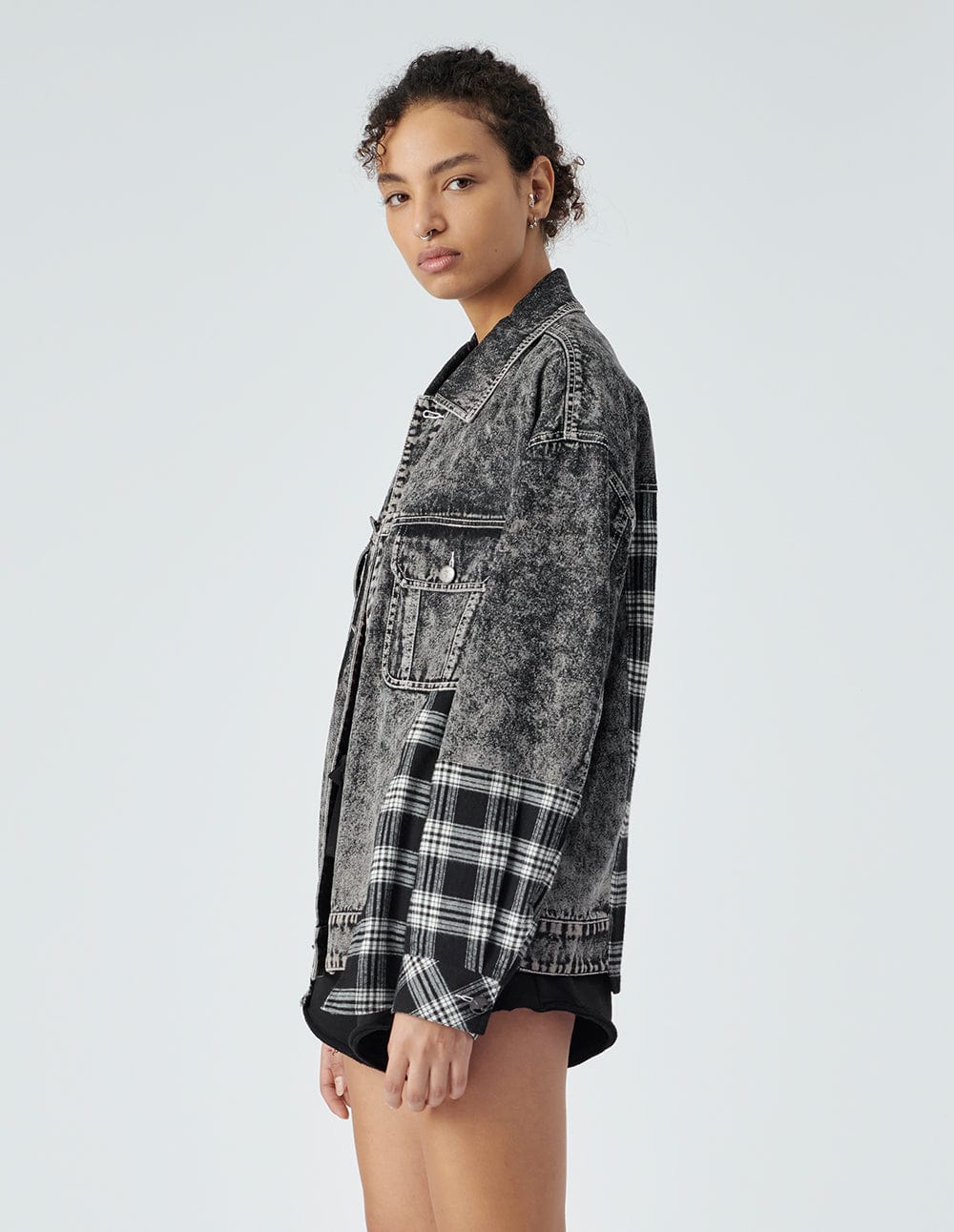 Unisex's Plaid Stitching Denim Jacket