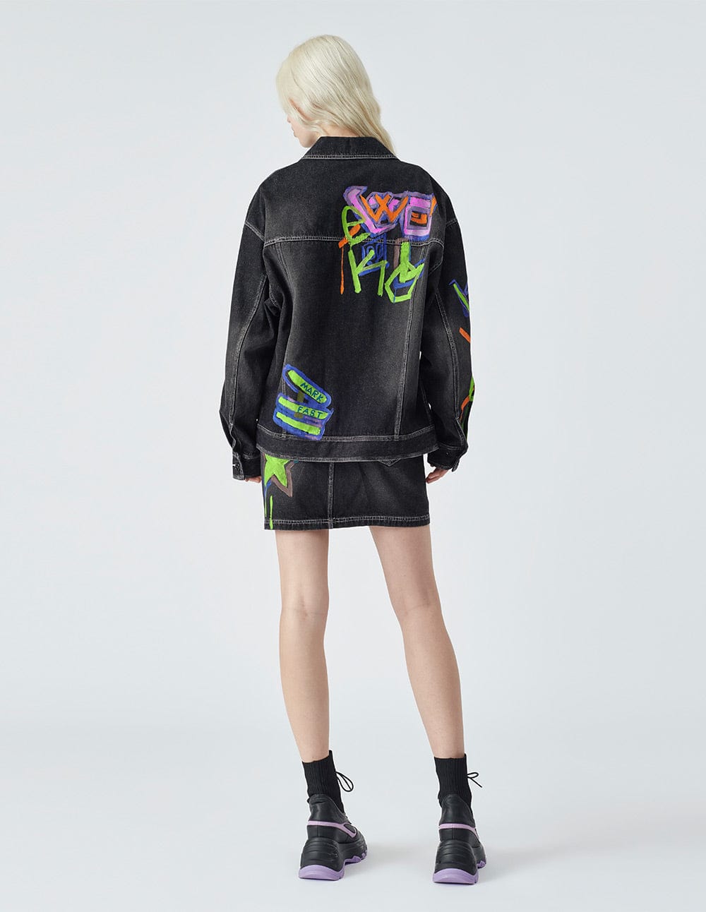 Unisex graffiti print black denim jacket