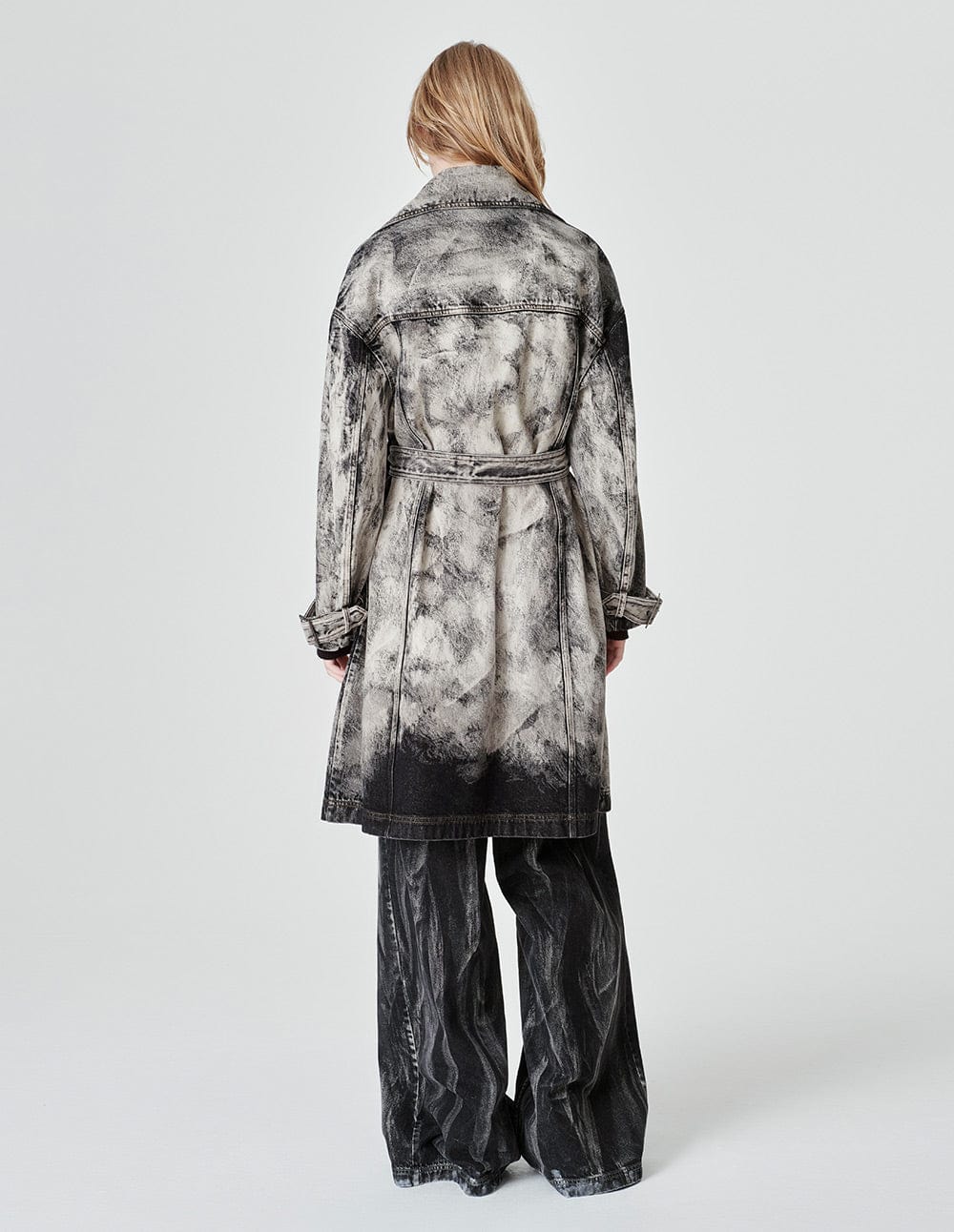 Unisex Lace-Up Belted Bleached Washed Denim Coat